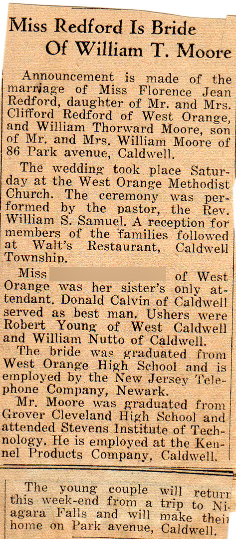 Newspaper, Marriage Announcement; Moore-Redford, Llewellyn's Boxes, 1986; privately held by Kathleen Moore, [ADDRESS FOR PRIVATE USE,] Lexington Park, Maryland. 2005. This collection was taken from Llewellyn Thorward-Moore's house after her death. They resided with her son until 2005, when they passed to Kathleen Moore.  