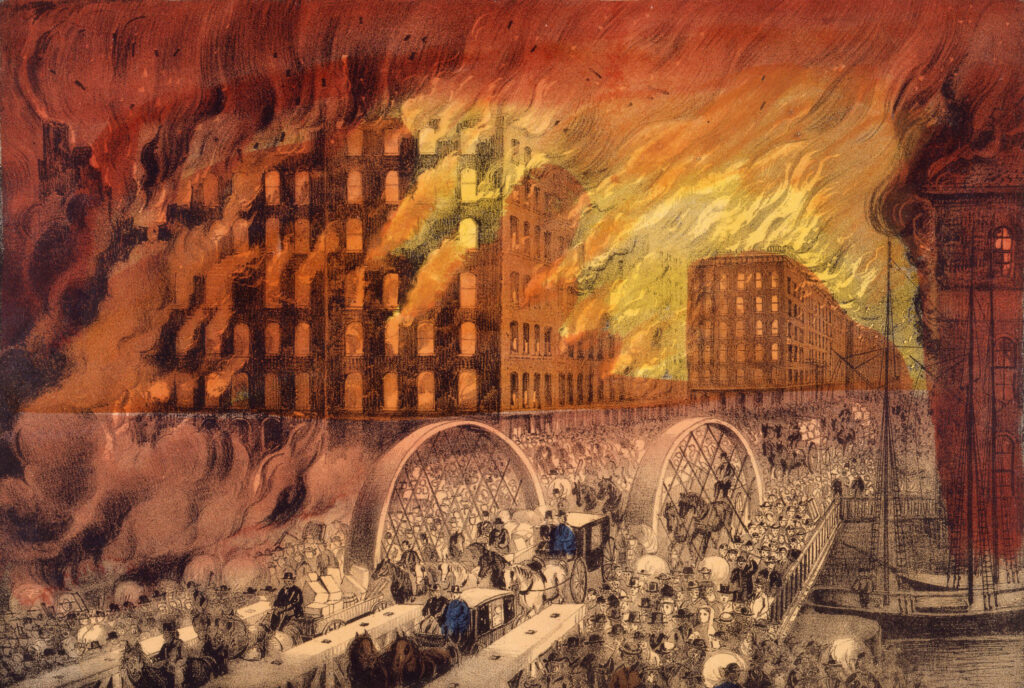 The Currier & Ives lithograph shows people fleeing across the Randolph Street Bridge. Thousands of people literally ran for their lives before the flames, unleashing remarkable scenes of terror and dislocation. "The whole earth, or all we saw of it, was a lurid yellowish red," wrote one survivor. "Everywhere dust, smoke, flames, heat, thunder of falling walls, crackle of fire, hissing of water, panting of engines, shouts, braying of trumpets, roar of wind, confusion, and uproar."